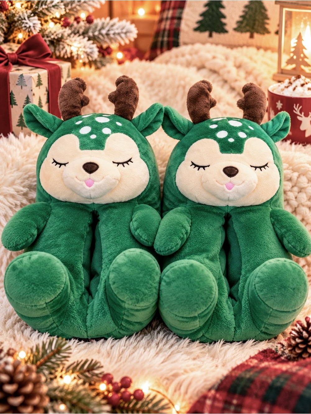 Green Deer Antler Plush Slippers Women’s 6-9 Fuzzy Cozy Christmas Holiday Unisex